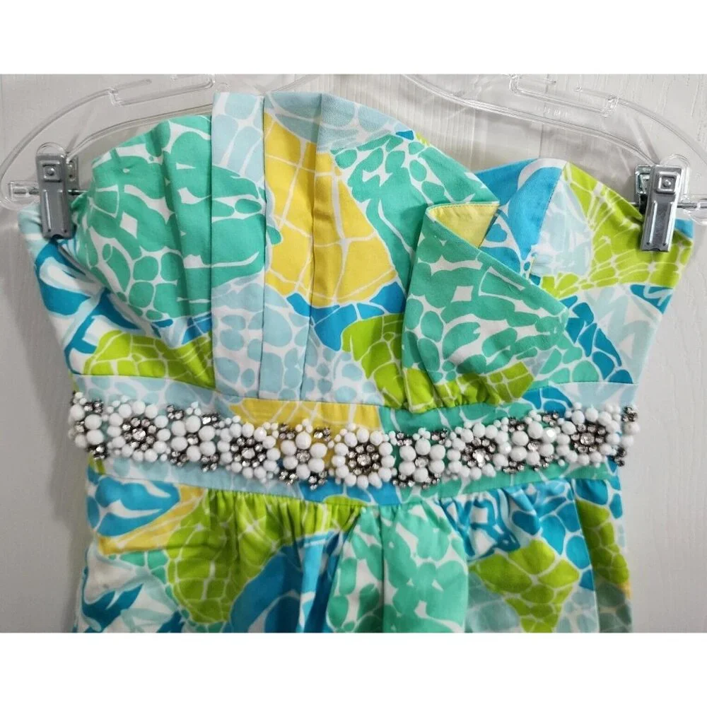 LILLY PULITZER Crystal Beaded Strapless‎ Faux Wrap Pleated Dress Lagoon Green 2 - Picture 2 of 13
